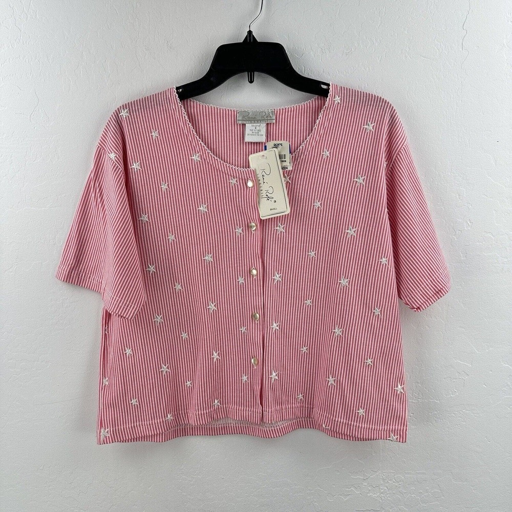 Vintage Rene Rofe Sleepwear Top‎ S Cropped Button Up Pink Pinstripe Stars NEW